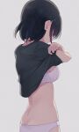  1girl black_hair black_shirt bra breasts closed_eyes from_behind grey_background highres hiroki_(yyqw7151) medium_breasts original panties pink_bra pink_panties shirt short_hair short_sleeves simple_background solo underwear undressing 