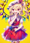  1girl :d ascot blonde_hair blood blue_flower blue_rose bow cowboy_shot crystal eyebrows_behind_hair fangs flandre_scarlet flat_chest flower frilled_shirt_collar frills gunjou_row hair_between_eyes hair_bow hand_up hat highres holding holding_flower looking_at_viewer medium_hair mob_cap one_side_up petals puffy_short_sleeves puffy_sleeves red_bow red_eyes red_skirt red_vest rose short_sleeves simple_background skirt slit_pupils smile solo standing touhou v_over_eye vest white_headwear wings yellow_ascot yellow_background 