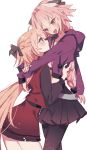  1boy 1girl absurdres astolfo_(fate) blonde_hair blush braid crop_top dress fate/apocrypha fate/grand_order fate_(series) height_difference highres hug koyashaka long_hair midriff_peek original otoko_no_ko pale_skin pink_hair violet_eyes yellow_eyes 