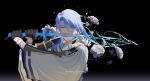  1boy absurdres black_background blue_eyes blue_hair cape dark_background english_text flower genshin_impact hair_over_one_eye high_collar highres holding holding_sword holding_weapon japanese_clothes kamisato_ayato long_sleeves looking_at_viewer pepppaya solo sword weapon white_cape white_flower 