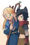  2girls animal_ears armor belt black_fur black_hair blonde_hair blue_robe cat_ears dungeon_meshi elf furrowed_brow gomipomi green_eyes highres izutsumi jewelry leather_armor looking_at_another looking_away marcille multiple_girls navel necklace open_mouth pointy_ears red_ribbon red_scarf ribbon scarf slit_pupils staff 