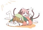  2girls :3 animal_ear_fluff animal_ears bangs barefoot brown_hair cat_ears cat_tail chen closed_eyes eyebrows_visible_through_hair fang frills girl_on_top hand_up kaenbyou_rin long_sleeves lying multiple_girls multiple_tails nekomata on_stomach oninamako red_eyes short_hair simple_background sun tail toes touhou two_tails white_background yawning 