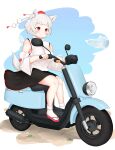  1girl absurdres animal_ears bangs bare_shoulders black_skirt blue_sky closed_mouth clouds cloudy_sky flip-flops full_body ground_vehicle highres inubashiri_momiji motor_vehicle motorcycle red_eyes riding sandals shirt short_hair sitting skirt sky smile solo tail take_(take143000) touhou white_hair white_legwear white_shirt white_sleeves wolf_ears wolf_girl wolf_tail 