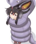  1girl anchor_symbol arbok bangs black_hair blush bound commentary_request constriction crossover fang gradient_hair grey_hair hair_between_eyes kantai_collection konokiya multicolored_hair parted_lips pokemon pokemon_(creature) shadow short_hair_with_long_locks simple_background skin_fang standing sweat tears tokitsukaze_(kancolle) tongue violet_eyes white_background 