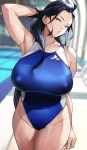 1girl absurdres ahoge arm_at_side arm_behind_head armpits black_hair blue_swimsuit blurry blurry_background breasts collarbone competition_swimsuit green_eyes highres huge_breasts indoors long_hair looking_at_viewer one-piece_swimsuit original pool solo swimsuit thighs wet yoshio_(55level) 