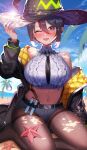  1girl ;d absurdres amahara_subaru arm_up bangs beach black_hair black_headwear black_jacket blush breasts brown_legwear collared_shirt day frilled_shirt frills grey_shorts hat highleg highres indie_virtual_youtuber isonade_orca jacket large_breasts long_sleeves looking_at_viewer micro_shorts midriff multicolored_hair navel one_eye_closed open_clothes open_jacket outdoors pantyhose pointy_ears red_eyes redhead shirt shorts sitting sleeveless sleeveless_shirt smile solo starfish streaked_hair test_tube thighband_pantyhose white_shirt witch_hat 