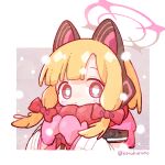  1girl animal_ears bangs blonde_hair blue_archive bow cat_ear_headphones closed_mouth fake_animal_ears hair_bow halo headphones highres jacket koru_koruno long_hair long_sleeves looking_at_viewer mittens momoi_(blue_archive) pink_mittens red_bow red_eyes red_scarf scarf sidelocks solo twitter_username white_jacket wide_sleeves 