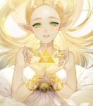  1girl bare_shoulders blonde_hair blush breasts dororon1 dress green_eyes long_hair looking_at_viewer parted_lips pointy_ears princess_zelda simple_background small_breasts smile solo the_legend_of_zelda the_legend_of_zelda:_breath_of_the_wild triforce upper_body white_background white_dress 