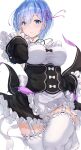  1girl absurdres blue_eyes blue_hair blush breasts feet garter_straps hair_ornament hairclip highres large_breasts looking_at_viewer meen_(ouaughikepdvrsf) parted_lips re:zero_kara_hajimeru_isekai_seikatsu rem_(re:zero) ribbon roswaal_mansion_maid_uniform simple_background solo thigh-highs white_background 