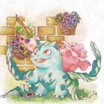  brick_wall claws commentary_request eye_contact fangs grass highres hoppip iroha_nibi ivysaur looking_at_another no_humans open_mouth orange_eyes petals pokemon pokemon_(creature) smile tongue yellow_eyes 