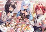  3girls :d ;q ange_katrina bangs black_hair blue_eyes blue_hair blush braid brown_hair brown_sweater brown_vest cake cake_slice commentary_request cup eating eyebrows_visible_through_hair food fork fruit hair_intakes heterochromia holding holding_cup holding_fork holding_plate inui_toko lize_helesta long_hair long_sleeves multiple_girls nijisanji official_art on_chair one_eye_closed plate pocket_watch red_eyes redhead sebastian_piyodore short_hair simple_background sitting smile strawberry sweater table teapot tiered_tray tongue tongue_out vest violet_eyes watch white_sweater y_o_u_k_a yellow_eyes 