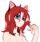  1girl :/ animal_ear_fluff animal_ears bangs black_hair blue_eyes borrowed_character breasts cat_ears commentary eyebrows_visible_through_hair eyes_visible_through_hair freckles hair_between_eyes holding holding_hair ivy_(nyaivie) long_hair looking_away mole mole_on_breast nude original redhead simple_background slit_pupils solo white_background white_hair yoako 