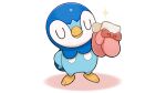  animal_focus closed_eyes closed_mouth commentary_request creature hand_on_hip holding mittens no_humans official_art pink_mittens piplup pokemon pokemon_(creature) project_pochama smile solo sparkle standing white_background 