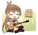  1girl acoustic_guitar ahoge bangs blush brown_capelet brown_cloak brown_corset brown_eyes brown_hair cape capelet cloak closed_eyes corset crossed_legs feather_hair_ornament feathers forest friend_(nanashi_mumei) guitar gyaheung hair_ornament hololive hololive_english instrument long_hair multicolored_hair music nanashi_mumei nature ponytail red_skirt ribbon runes shirt singing skirt streaked_hair tree virtual_youtuber white_shirt 