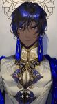  1boy arjuna_(fate) bangs black_eyes black_hair closed_mouth commentary_request dark-skinned_male dark_skin earrings fate/grand_order fate_(series) hair_between_eyes highres jewelry long_hair looking_at_viewer male_focus semi_(p-poco) solo tassel 