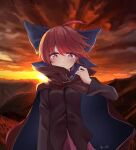  1girl ahoge black_shirt blue_bow bow cloak clouds cloudy_sky grass hair_bow highres horizon light_smile long_sleeves looking_at_viewer outdoors red_cloak red_eyes red_skirt redhead scenery sekibanki shirt short_hair skirt sky solo song113 sun sunset touhou 
