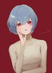  1girl ayanami_rei blue_hair brown_sweater commentary dated hand_up highres jewelry long_sleeves looking_at_viewer neon_genesis_evangelion parted_lips red_background red_eyes ring sandwich_(3meiji) short_hair simple_background solo sweater turtleneck turtleneck_sweater upper_body 
