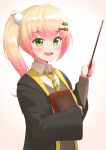  1girl :d blonde_hair blush cloak dress_shirt eyebrows_visible_through_hair fang gradient_hair green_eyes hair_ornament hairclip highres hogwarts_school_uniform holding holding_wand hololive long_hair momosuzu_nene multicolored_hair necktie open_mouth pink_hair pom_pom_(clothes) pom_pom_hair_ornament school_uniform shirt side_ponytail smile solo typho upper_body virtual_youtuber wand white_shirt yellow_necktie 