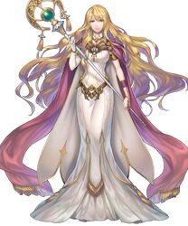  1girl bangs belt blonde_hair breasts cape dress elbow_gloves fire_emblem fire_emblem:_the_blazing_blade fire_emblem_heroes gloves gold_trim green_eyes highres holding long_dress long_hair medium_breasts non-web_source official_art saint_elimine_(fire_emblem) single_glove solo staff transparent_background very_long_hair white_dress 