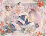  1boy animal animal_ears animal_hug berry child claws closed_mouth commentary ear_piercing facepaint fluffy food fruit fur-trimmed_jacket fur-trimmed_sleeves fur_collar fur_trim hug jacket midriff_peek one_eye_closed original pawpads piercing short_hair smile solo_focus white_hair wolf wolf_ears ziqing_(at_zes) 