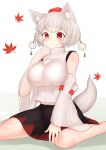  1girl absurdres animal_ears bangs bare_shoulders black_skirt blush breasts closed_mouth detached_sleeves highres inubashiri_momiji large_breasts leaf looking_at_viewer maple_leaf red_eyes shirt short_hair sitting skirt solo tail take_(take143000) touhou wariza white_hair white_shirt white_sleeves wolf_ears wolf_girl wolf_tail 
