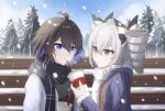  2girls absurdres bangs bench black_scarf black_shirt blue_eyes blue_hair blue_jacket blue_sky bob_cut bronya_zaychik bronya_zaychik_(snowy_sniper) broseele closed_mouth clouds cloudy_sky cup disposable_cup drill_hair drinking_straw fur-trimmed_jacket fur_trim grey_eyes grey_hair highres holding holding_cup honkai_(series) honkai_impact_3rd jacket long_sleeves medium_hair multiple_girls open_clothes open_jacket open_mouth outdoors scarf seele_vollerei shirt sitting sky smile snowing tree twin_drills white_jacket white_scarf yellow_shirt yuri 