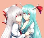  aqua_hair breasts bust cleavage ex-keine fujiwara_no_mokou hime_cut hiroya hiroya_juuren horn_ribbon horns kamishirasawa_keine long_hair multiple_girls red_eyes ribbon silver_hair simple_background touhou yuri 