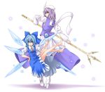  blue_hair boots cirno hat high_heels letty_whiterock mitsuharu_iseki multiple_girls polearm shoes snowflakes touhou trident weapon 