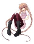  boots braid brown_hair dress highres legs_up long_hair original pantyhose pc_personification pink_dress purple_legwear rage rage_(rojiura) red_eyes sitting solo twin_braids very_long_hair 