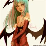  bat_wings breasts capcom cleavage darkstalkers demon_girl elbow_gloves face fingerless_gloves gloves green_hair head_wings leotard lips lipstick long_hair morrigan_aensland orange_eyes pantyhose randis simple_background solo star succubus vampire_(game) watermark wings 