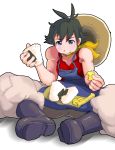  androgynous artist_request black_hair boots eating food fu_(oufu) hat jumpsuit makoto muscle street_fighter street_fighter_iv tomboy 