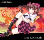  brown_hair cellphone double_spoiler himekaidou_hatate orange_eyes paintbrush phone pointy_ears skirt touhou twintails typo 