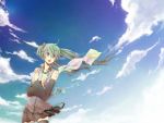  clouds detached_sleeves flying_paper green_eyes green_hair hatsune_miku ichinashi long_hair open_mouth paper skirt sky thigh-highs thighhighs twintails vocaloid wind 