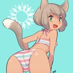  1girl animal_ears ass bikini brown_hair cat_ears cat_girl cat_tail eco_(petticoat) fang from_behind green_eyes looking_at_viewer looking_back original short_hair smile solo striped striped_bikini striped_swimsuit swimsuit tail 