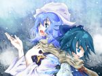  back-to-back blue_eyes blue_hair bow cirno hair_bow hair_ribbon hand_on_own_chest hat issin issin. letty_whiterock multiple_girls open_mouth ribbon scarf shared_scarf short_hair singing snow snowing touhou wings winter 