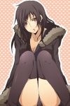  black_legwear black_thighhighs breasts cleavage coat durarara!! erito_(tsu_it_ta) genderswap heart long_hair orihara_izaya red_eyes sitting solo thigh-highs thighhighs 