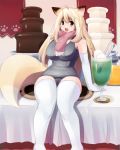  animal_ears blonde_hair blush breasts cherry curvy elbow_gloves fang food fox_ears fox_tail fruit fuyu gloves green_eyes large_breasts long_hair open_mouth original paw_print plump scarf solo tail thigh-highs thighhighs 