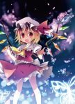  bell_(artist) blonde_hair blood butterfly empty_eyes flandre_scarlet glowing hat light_particles open_mouth red_eyes short_hair side_ponytail smile touhou wings 
