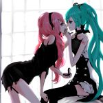  aqua_eyes aqua_hair choker dress eye_contact hairband hatsune_miku long_hair makeup megurine_luka multiple_girls pink_hair sitting thigh-highs thighhighs uni_(nacchan) uni_(pixiv985939) very_long_hair vocaloid yuri 