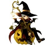  jack-o-lantern leaf pointy_ears pumpkin red_eyes silver_hair staff witch witch_hat 