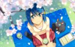  blanket blue_eyes blue_hair blurry blush cat cherry_blossoms cup depth_of_field dress food from_above hair_ornament hairclip hanami kneehighs looking_up madobe_nanami multicolored_eyes obentou official_art os os-tan petals short_hair sitting smile socks tea wakaba wallpaper wariza windows 