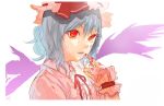  blood blue_hair bow finger_to_mouth frills hat nail_polish ochirucchuru ochurucchuru red_eyes remilia_scarlet ribbon short_hair solo touhou wings wrist_cuffs 