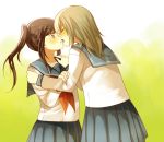  black_hair blush brown_hair hachiko_(hati12) hug kiss original red_eyes school_uniform serafuku skirt twintails yuri 