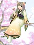  brown_eyes cat_ears cat_pose cat_tail fuyu japanese_clothes kimono long_hair original paw_pose silver_hair solo tail 