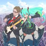  aqua_hair cityscape cloud clouds detached_sleeves formal from_above glasses guitar hatsune_miku headphones instrument long_hair manzo necktie saitom skirt sky smile suit thigh-highs thighhighs very_long_hair vocaloid wind zettai_ryouiki 