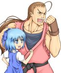  blue_hair bow brown_eyes brown_hair cirno clenched_hand crossover haty hibiki_dan street_fighter street_fighter_iv touhou 