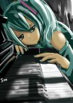  aqua_hair blurry depth_of_field detached_sleeves foreshortening hatsune_miku highres instrument nail_polish piano smile solo stk upright_piano vocaloid 