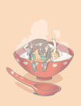 blade_(artist) blade_(lovewn) bowl brown_hair food green_eyes in_bowl in_container in_food minigirl original simple_background solo steam sweat tail wet 