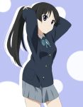  alternate_hairstyle arms_up black_eyes black_hair face hime_cut ikari_manatsu k-on! long_hair ponytail school_uniform skirt solo 