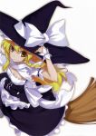  bow breasts broom cleavage from_above hair_bow hand_on_hat hat highres kirisame_marisa looking_up ribbon shingo_(artist) shingo_(missing_link) smile touhou witch_hat wrist_cuffs yellow_eyes 
